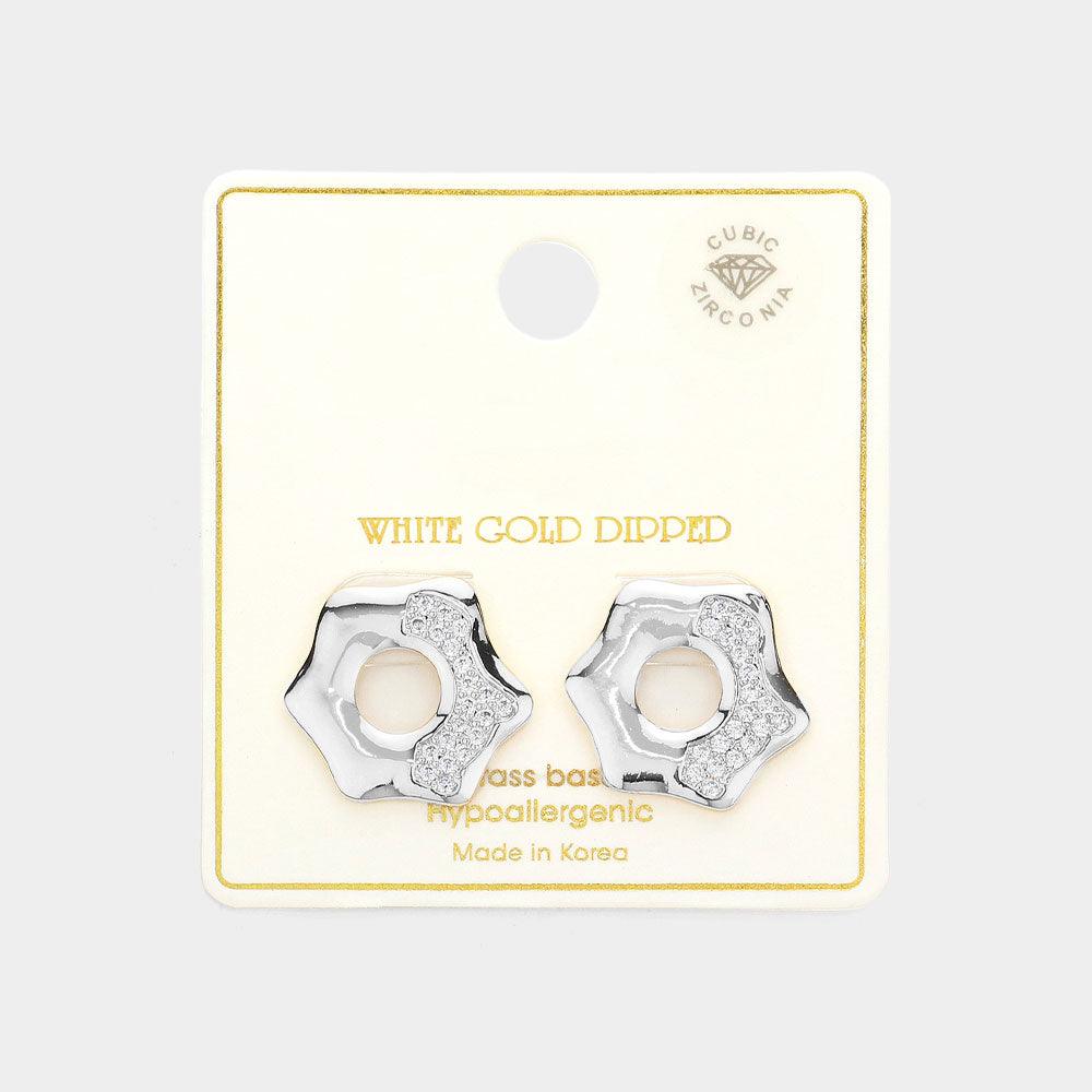 Silver White Gold Dipped CZ Paved Octagon Stud Earrings