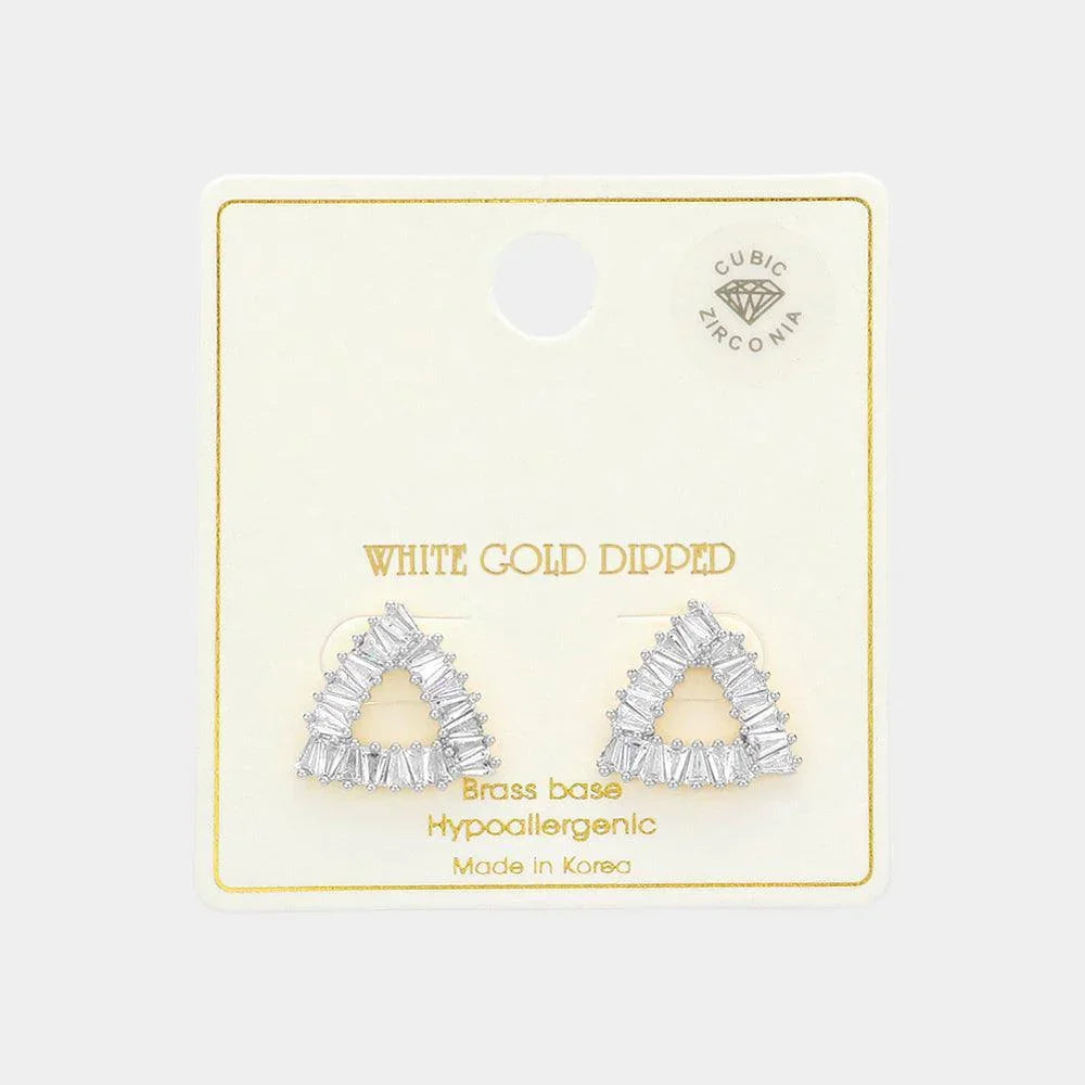 Silver White Gold Dipped CZ Stone Paved Twinkle Triangle Stud Earrings - Jewelry Store by Erik Rayo