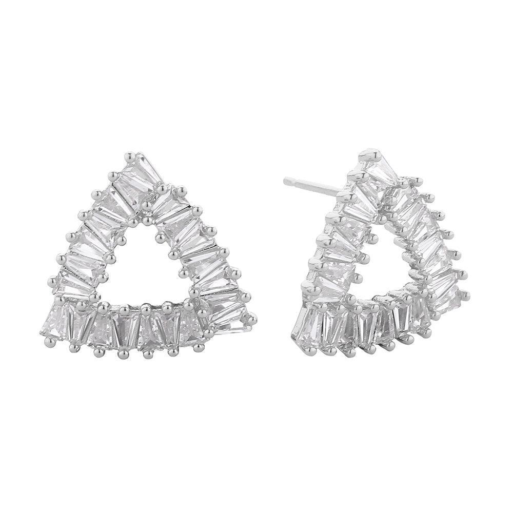 Silver White Gold Dipped CZ Stone Paved Twinkle Triangle Stud Earrings - Jewelry Store by Erik Rayo