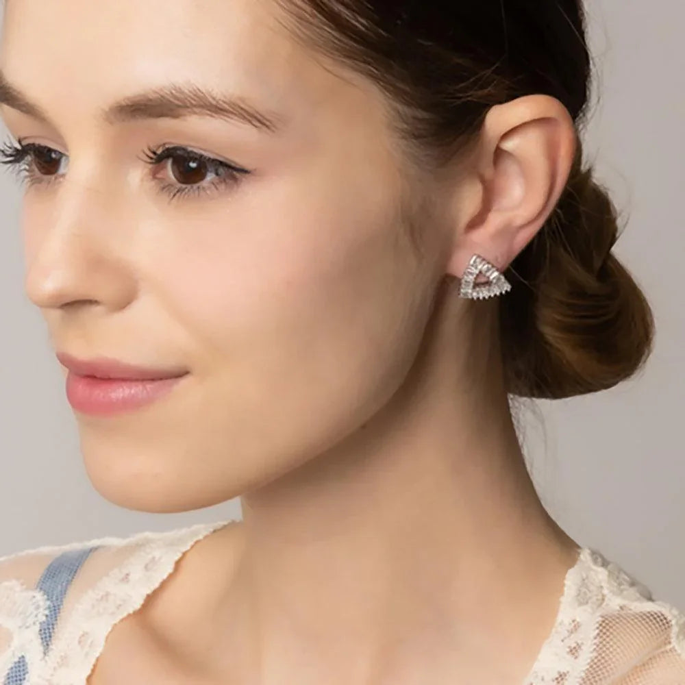 Silver White Gold Dipped CZ Stone Paved Twinkle Triangle Stud Earrings - Jewelry Store by Erik Rayo