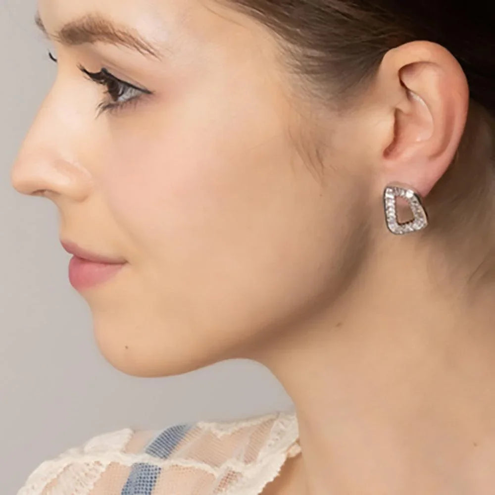 Silver White Gold Dipped CZ Stone Paved Hollow Oval Stud Earrings - Jewelry Store by Erik Rayo
