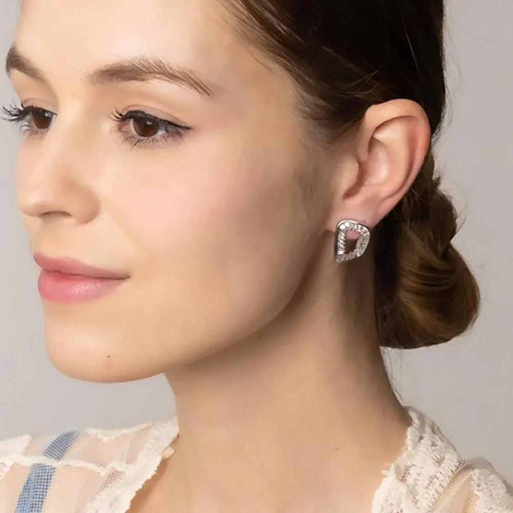 Silver White Gold Dipped CZ Stone Paved Hollow Oval Stud Earrings - Jewelry Store by Erik Rayo