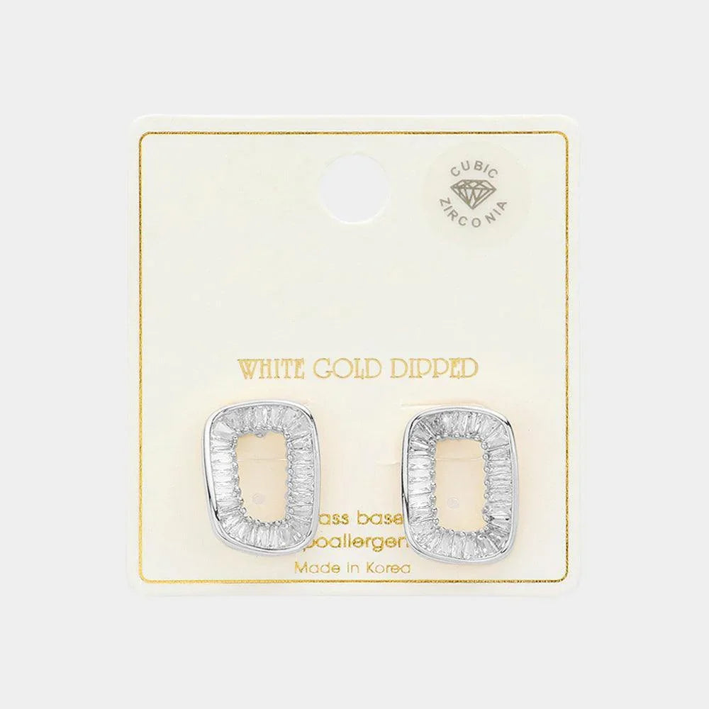 Silver White Gold Dipped CZ Stone Paved Hollow Oval Stud Earrings - Jewelry Store by Erik Rayo