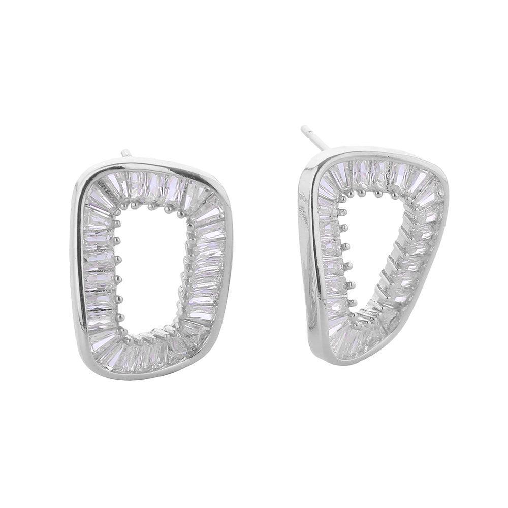 Silver White Gold Dipped CZ Stone Paved Hollow Oval Stud Earrings - Jewelry Store by Erik Rayo