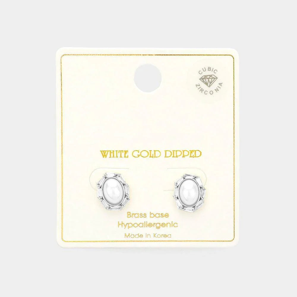 Silver White Gold Dipped CZ Stone Paved Oval Pearl Stud Earrings - Jewelry Store by Erik Rayo