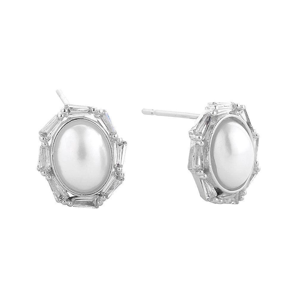 Silver White Gold Dipped CZ Stone Paved Oval Pearl Stud Earrings - Jewelry Store by Erik Rayo