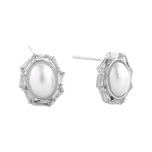 Load image into Gallery viewer, Silver White Gold Dipped CZ Stone Paved Oval Pearl Stud Earrings
