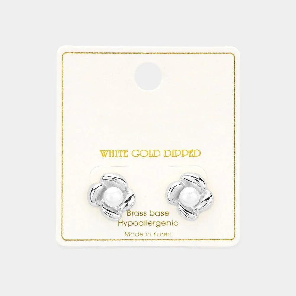 Silver 14K Gold Dipped Flower Pearl Stud Earrings - Jewelry Store by Erik Rayo