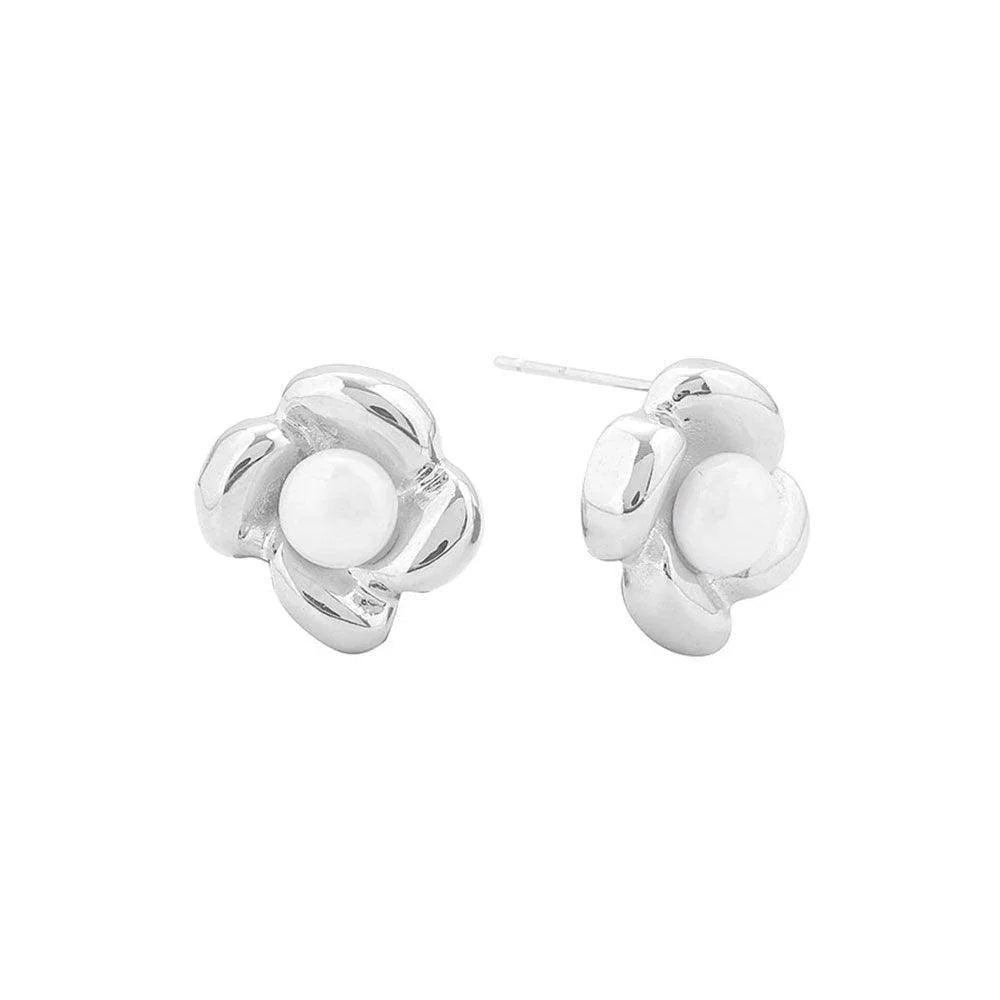 Silver 14K Gold Dipped Flower Pearl Stud Earrings - Jewelry Store by Erik Rayo