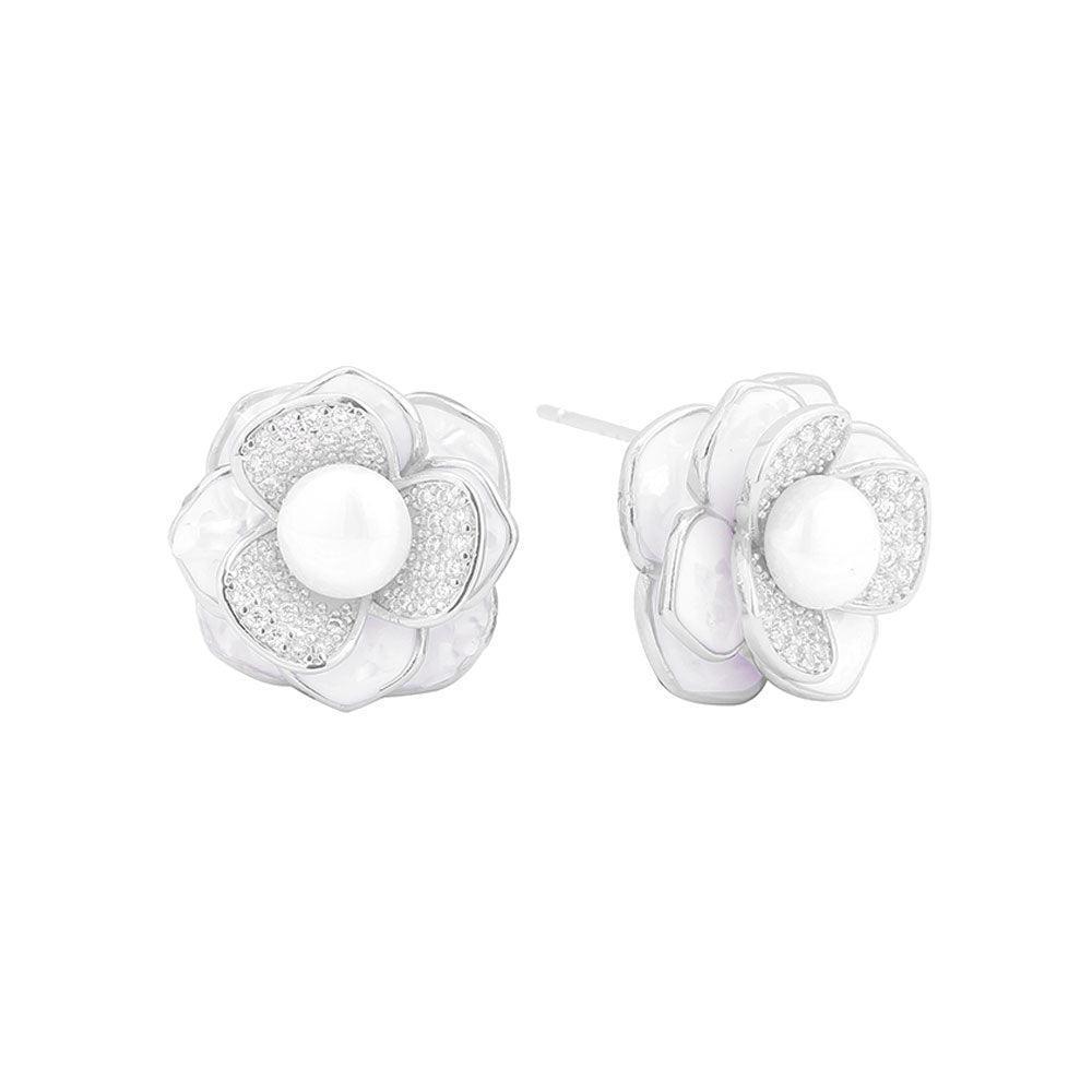 Silver White Gold Dipped CZ Stone Paved Peony Pearl Stud Earrings - Jewelry Store by Erik Rayo