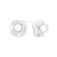 Load image into Gallery viewer, Silver White Gold Dipped CZ Stone Paved Peony Pearl Stud Earrings
