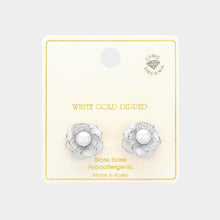 Load image into Gallery viewer, Silver White Gold Dipped CZ Stone Paved Peony Pearl Stud Earrings
