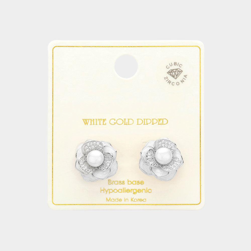 Silver White Gold Dipped CZ Stone Paved Peony Pearl Stud Earrings