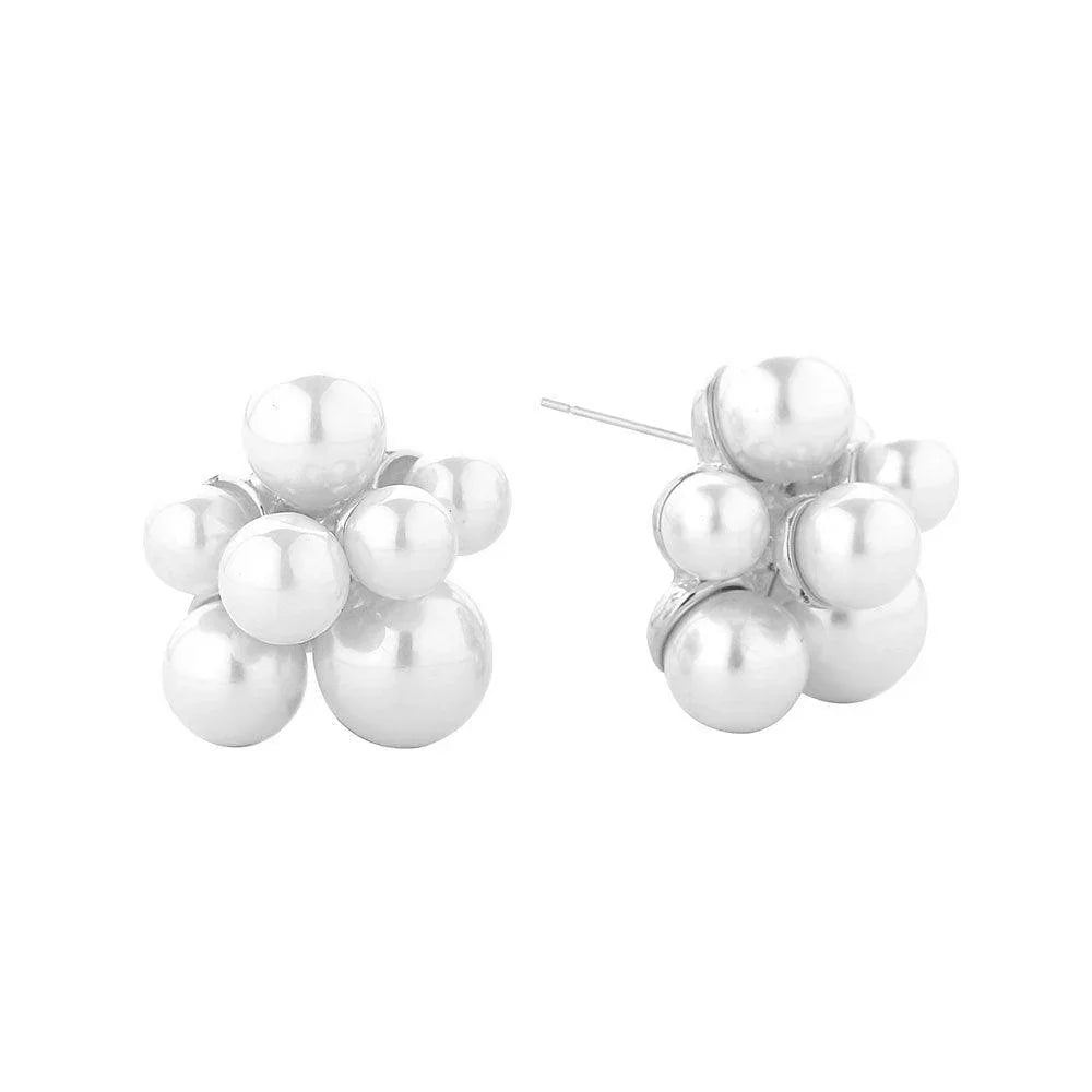 Silver White Gold Dipped Pearl Cluster Stud Earrings - Jewelry Store by Erik Rayo