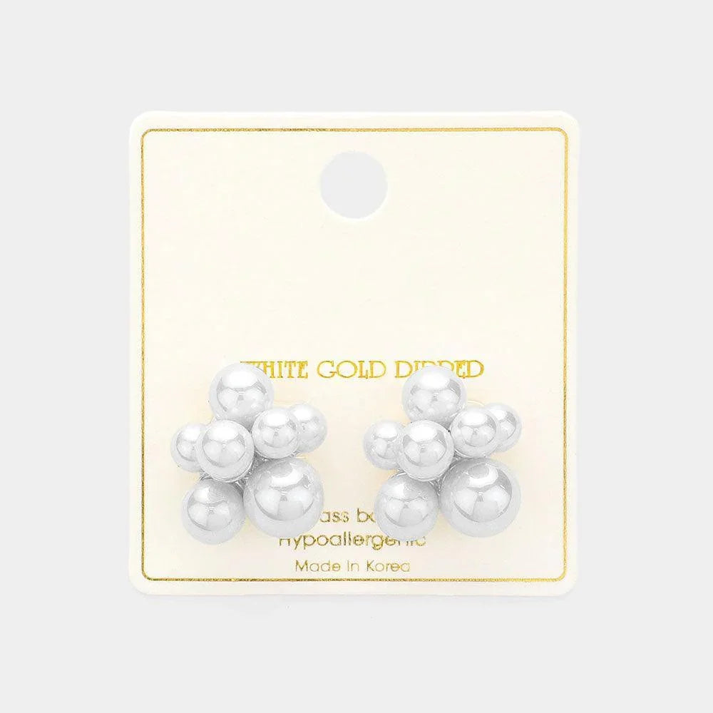 Silver White Gold Dipped Pearl Cluster Stud Earrings - Jewelry Store by Erik Rayo