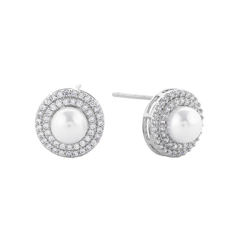 Silver White Gold Dipped CZ Stone Paved Double Rim Radiant Pearl Stud Earrings - Jewelry Store by Erik Rayo