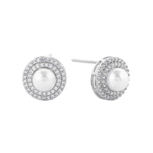 Load image into Gallery viewer, Silver White Gold Dipped CZ Stone Paved Double Rim Radiant Pearl Stud Earrings
