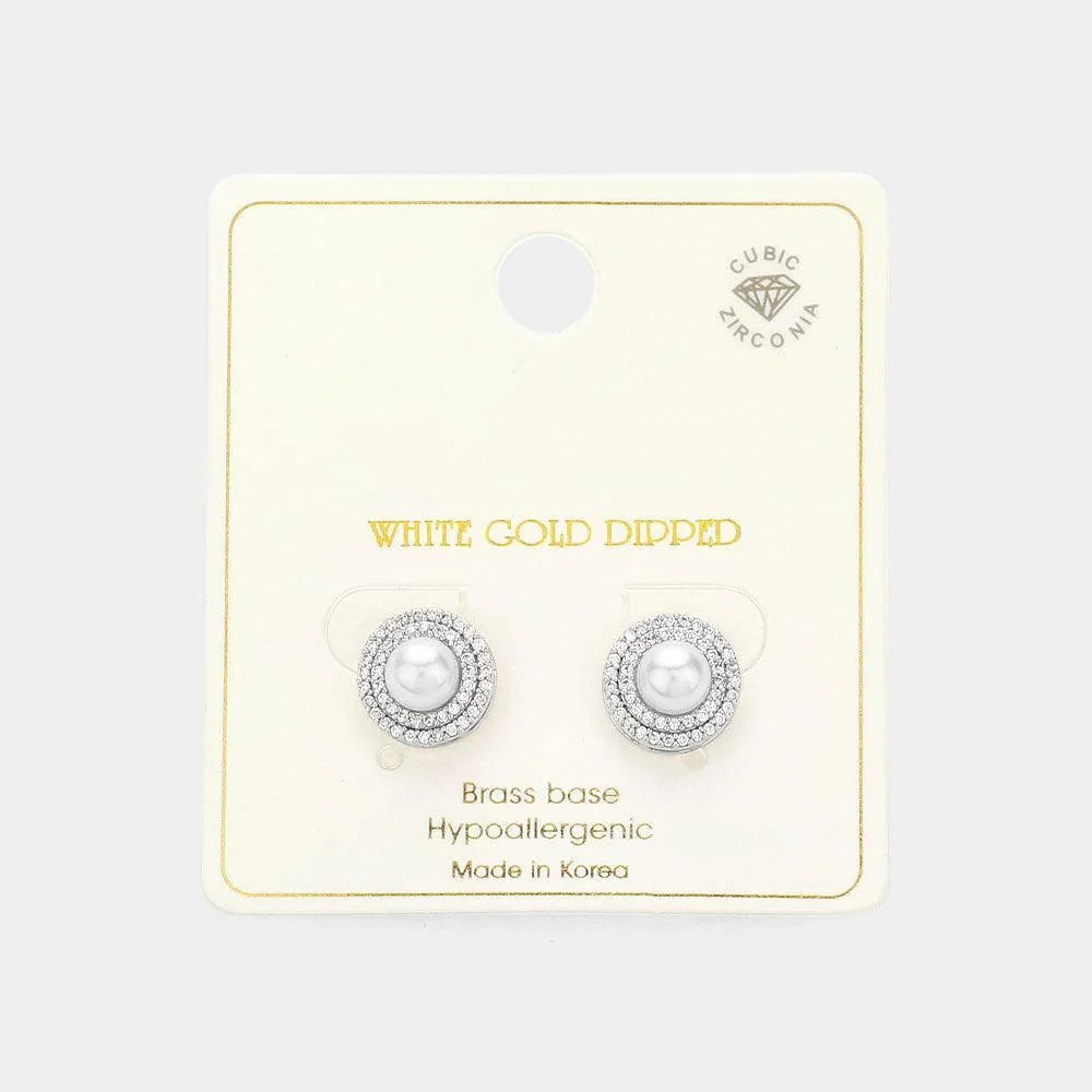 Silver White Gold Dipped CZ Stone Paved Double Rim Radiant Pearl Stud Earrings - Jewelry Store by Erik Rayo