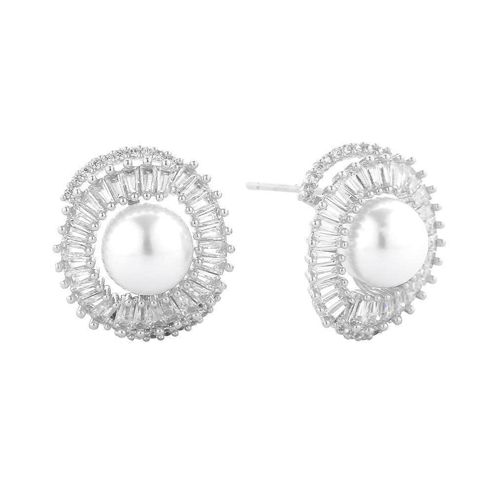 Silver White Gold Dipped CZ Stone Paved Brilliance Pearl Stud Earrings - Jewelry Store by Erik Rayo