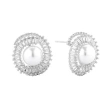 Load image into Gallery viewer, Silver White Gold Dipped CZ Stone Paved Brilliance Pearl Stud Earrings
