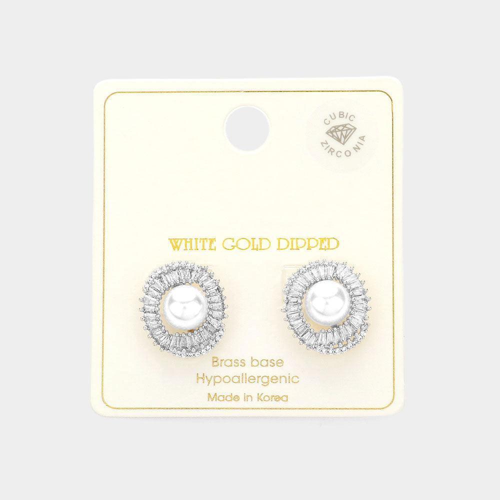 Silver White Gold Dipped CZ Stone Paved Brilliance Pearl Stud Earrings - Jewelry Store by Erik Rayo
