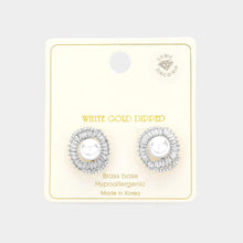 Load image into Gallery viewer, Silver White Gold Dipped CZ Stone Paved Brilliance Pearl Stud Earrings
