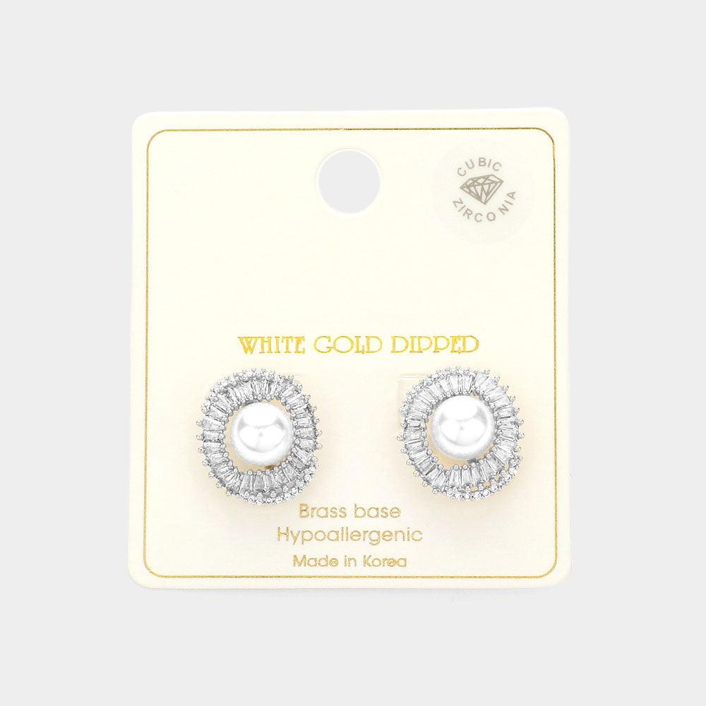 Silver White Gold Dipped CZ Stone Paved Brilliance Pearl Stud Earrings