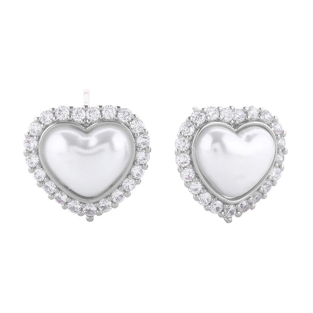 Silver White Gold Dipped CZ Stone Paved Heart Pearl Stud Earrings - Jewelry Store by Erik Rayo