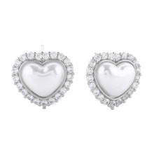 Load image into Gallery viewer, Silver White Gold Dipped CZ Stone Paved Heart Pearl Stud Earrings
