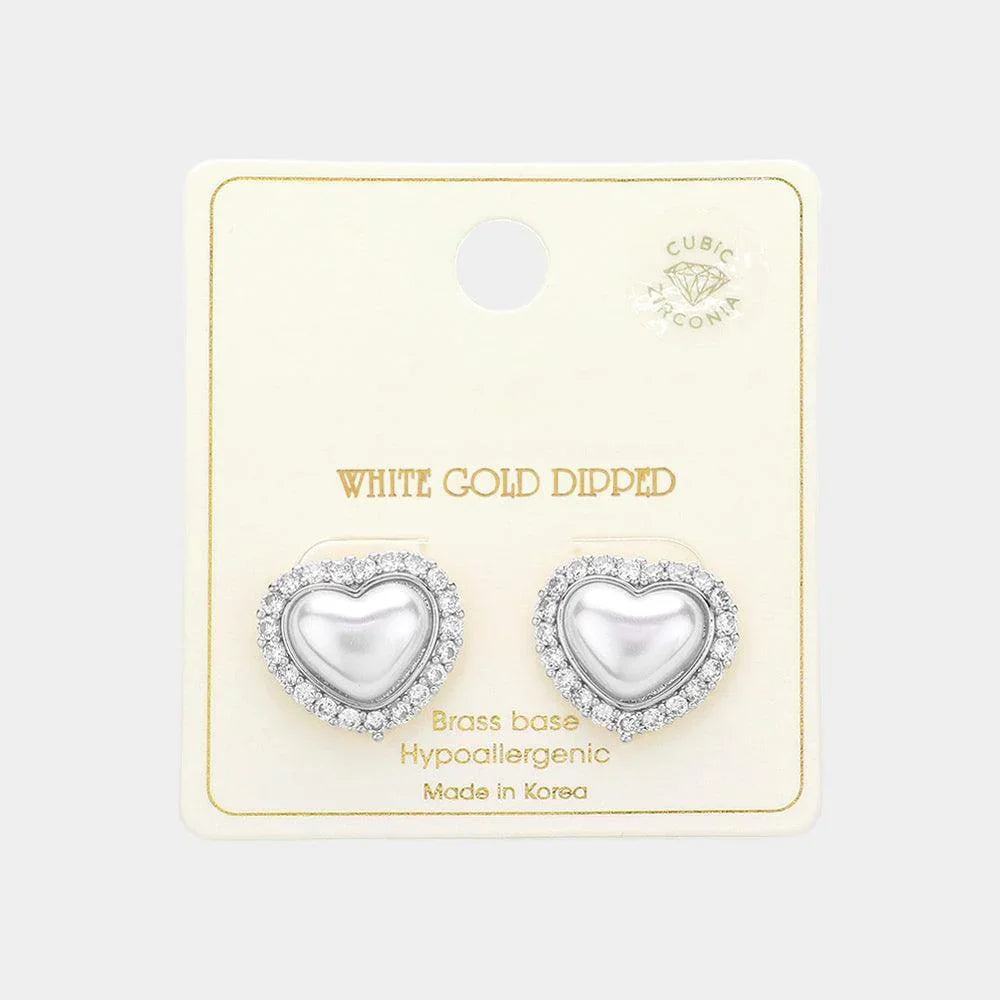 Silver White Gold Dipped CZ Stone Paved Heart Pearl Stud Earrings - Jewelry Store by Erik Rayo
