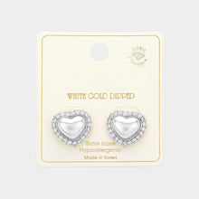 Load image into Gallery viewer, Silver White Gold Dipped CZ Stone Paved Heart Pearl Stud Earrings
