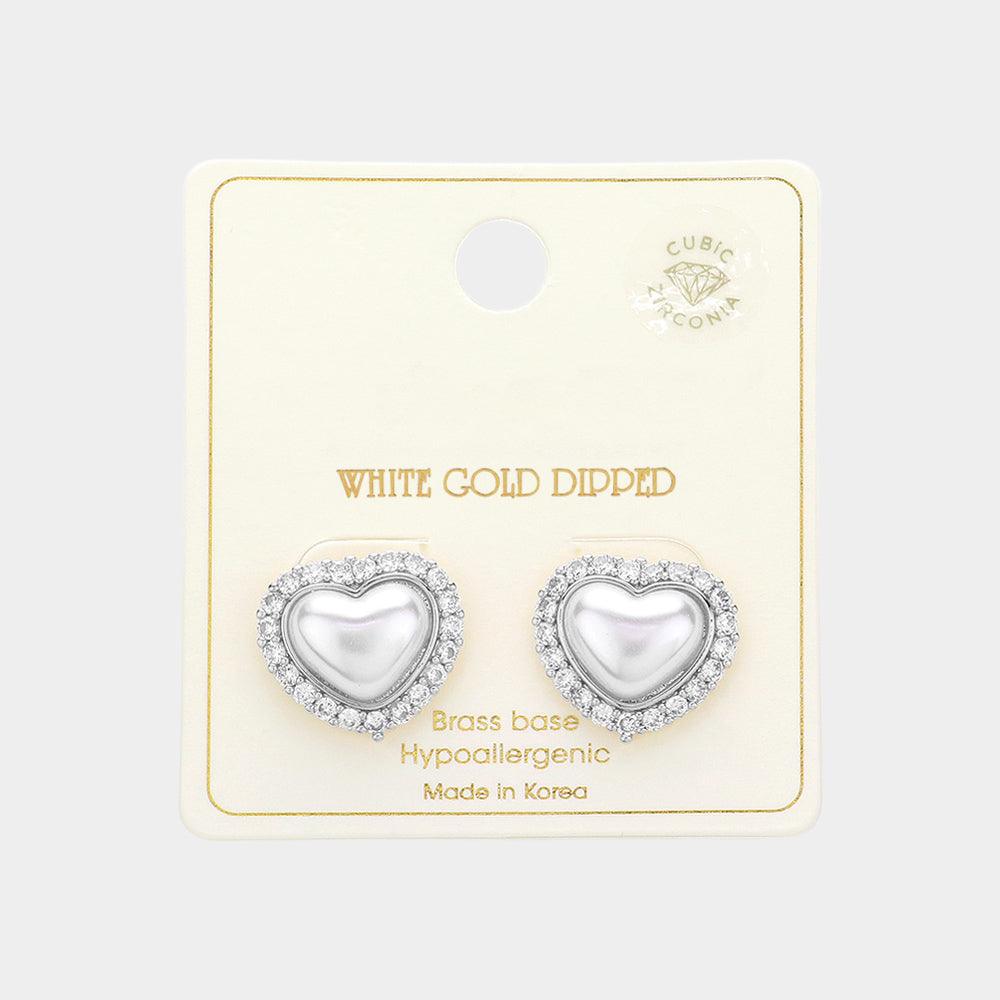 Silver White Gold Dipped CZ Stone Paved Heart Pearl Stud Earrings