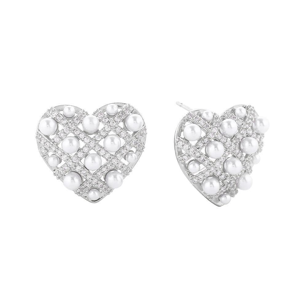 Silver White Gold Dipped Woven CZ Pearl Heart Stud Earrings - Jewelry Store by Erik Rayo