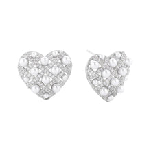 Load image into Gallery viewer, Silver White Gold Dipped Woven CZ Pearl Heart Stud Earrings
