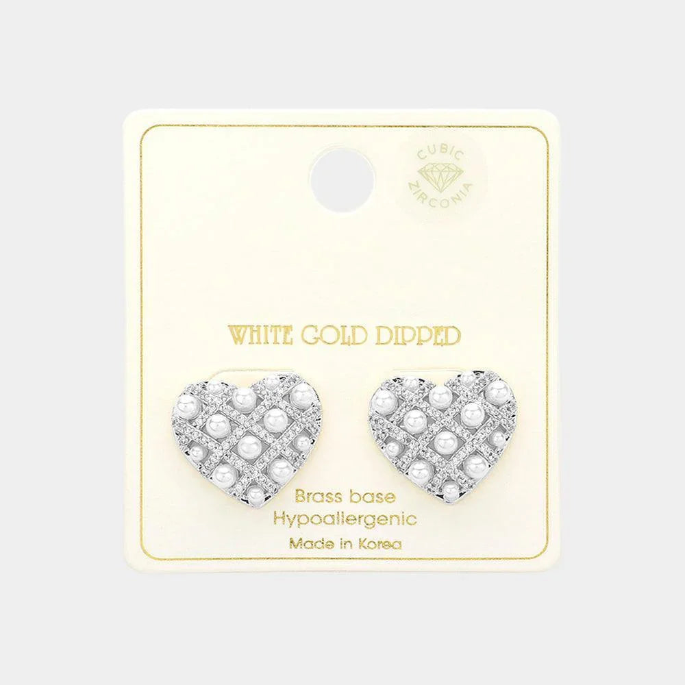 Silver White Gold Dipped Woven CZ Pearl Heart Stud Earrings - Jewelry Store by Erik Rayo