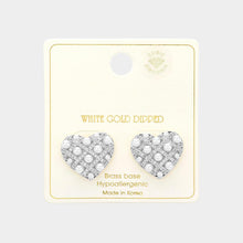 Load image into Gallery viewer, Silver White Gold Dipped Woven CZ Pearl Heart Stud Earrings
