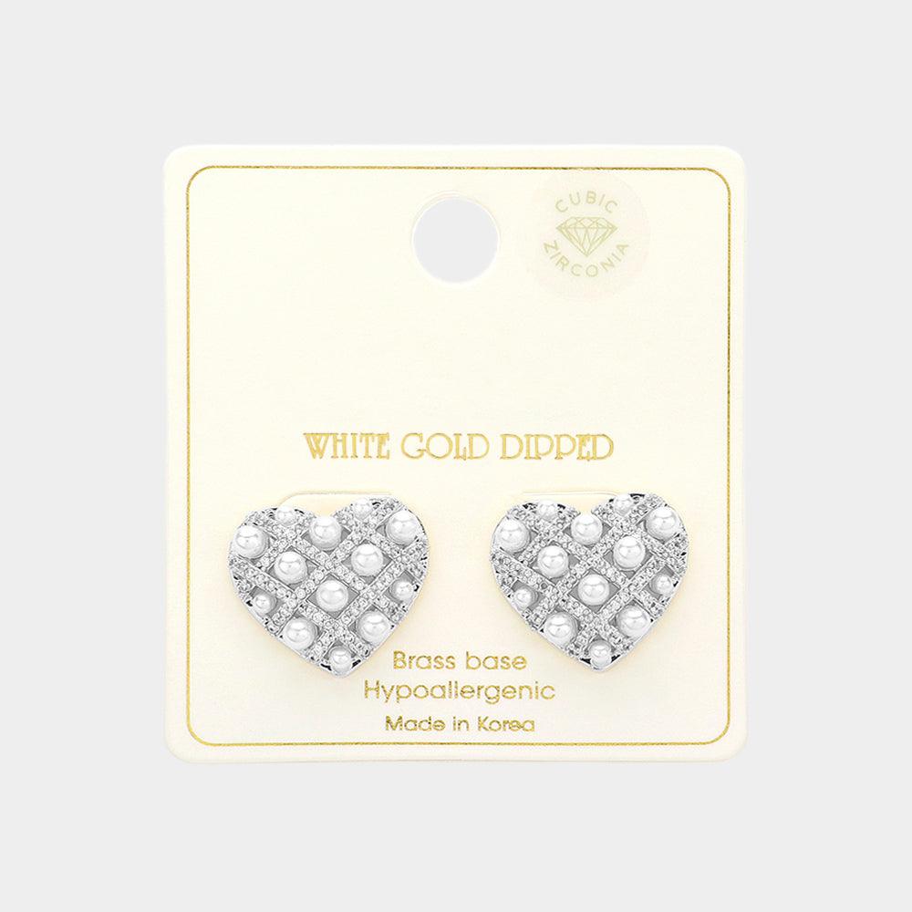 Silver White Gold Dipped Woven CZ Pearl Heart Stud Earrings