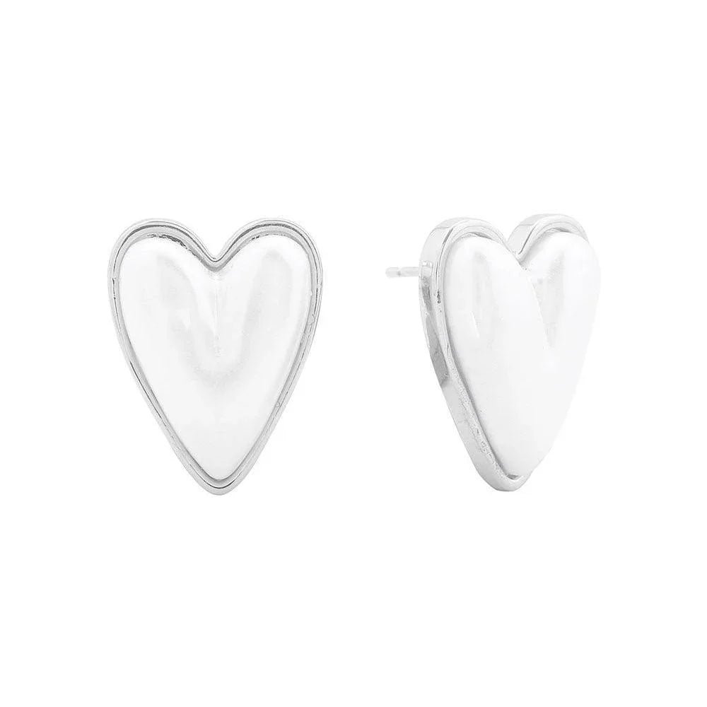 Silver White Gold Dipped Pearl Heart Stud Earrings - Jewelry Store by Erik Rayo
