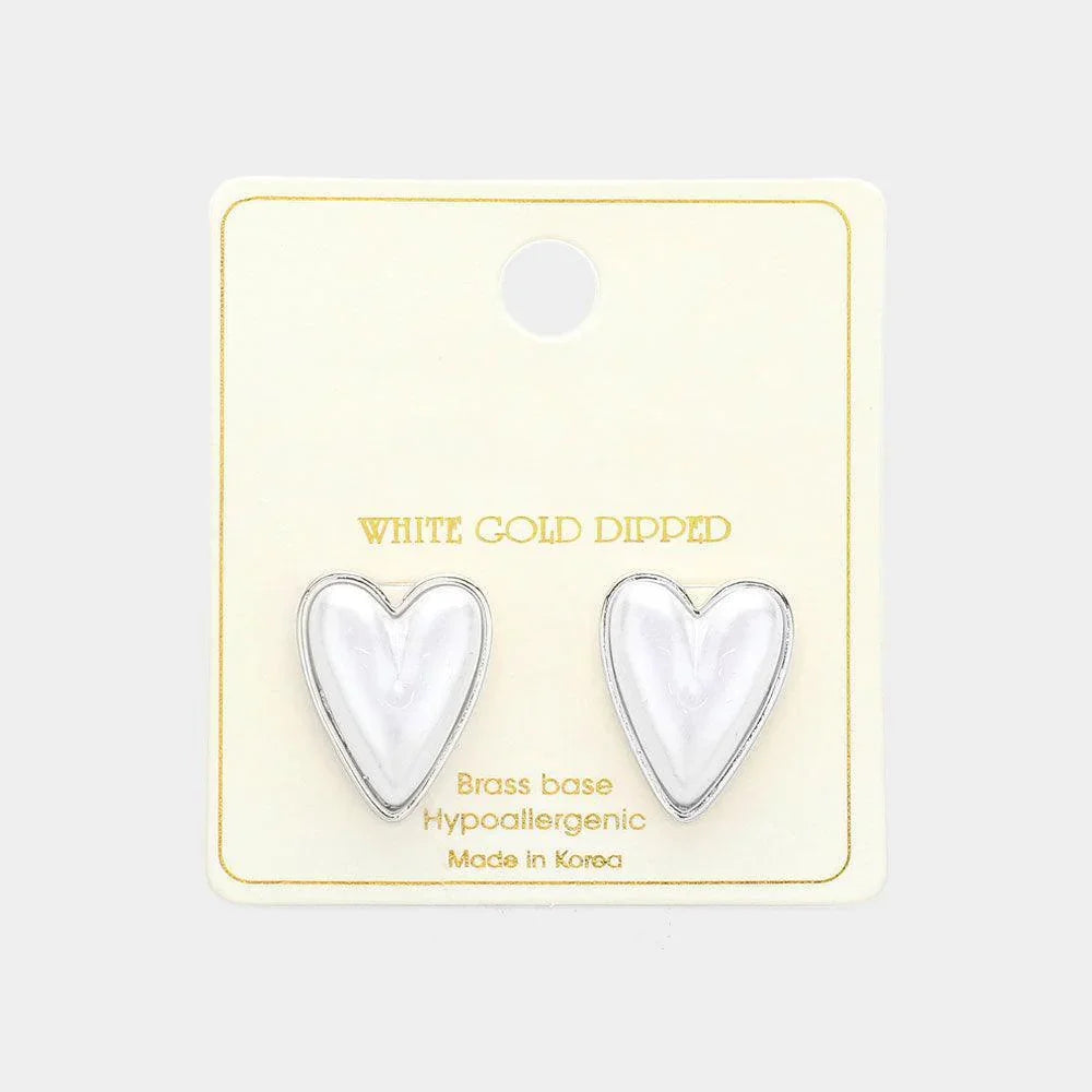 Silver White Gold Dipped Pearl Heart Stud Earrings - Jewelry Store by Erik Rayo