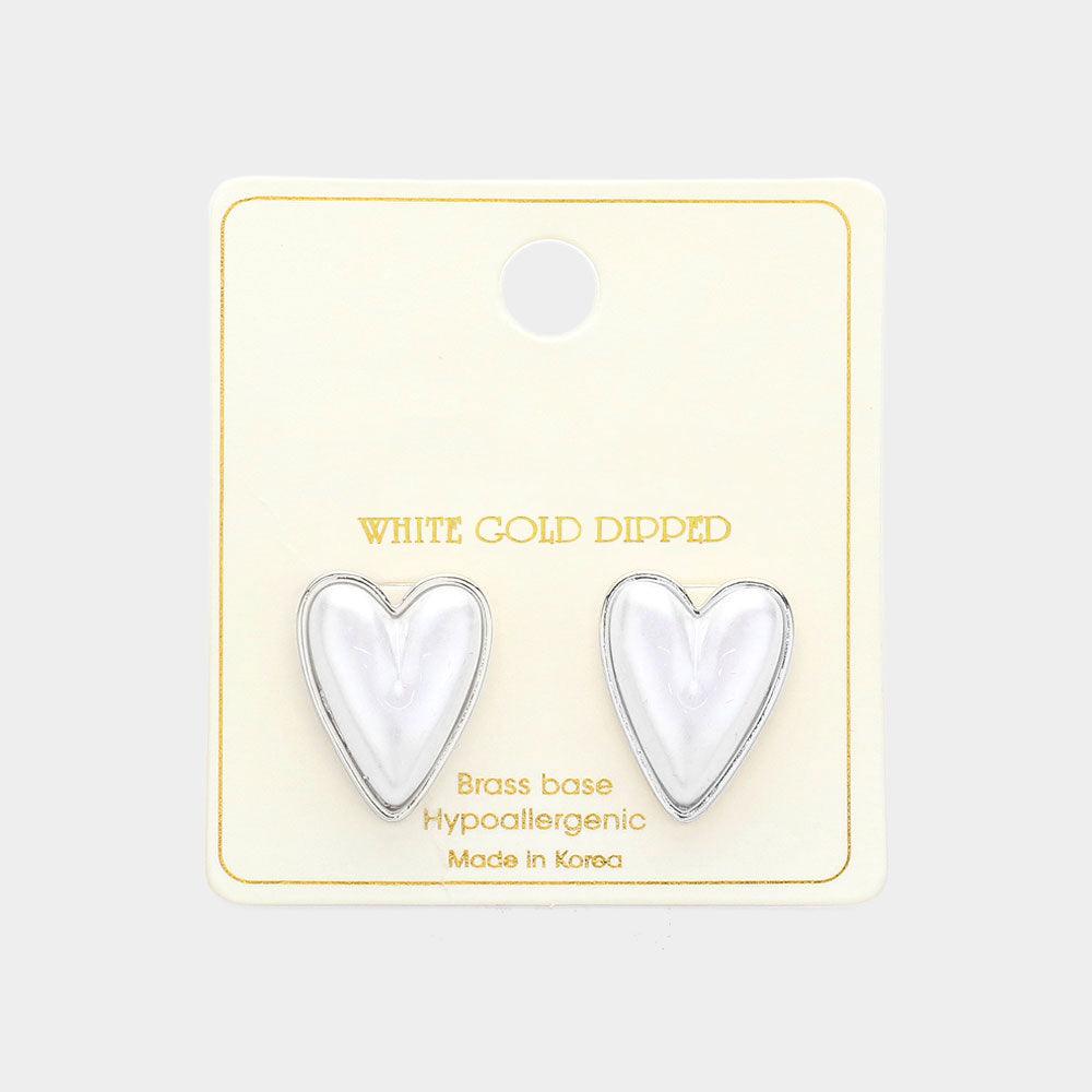 Silver White Gold Dipped  Pearl Heart Stud Earrings