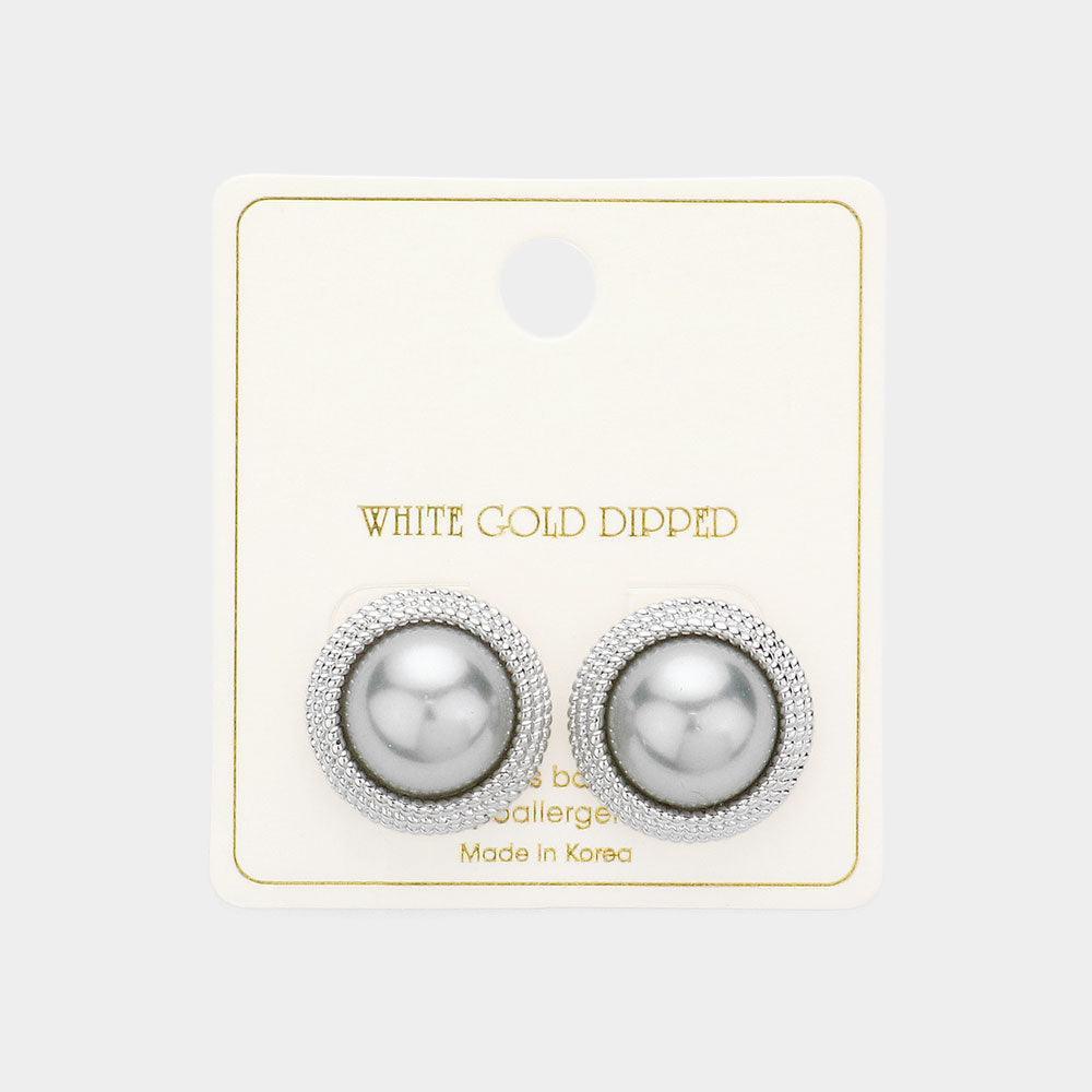 Silver White Gold Dipped Pearl Button Stud Earrings - Jewelry Store by Erik Rayo
