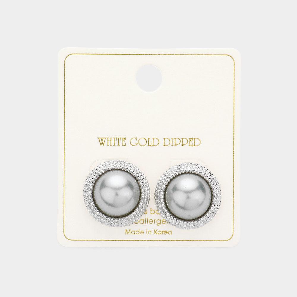 Silver White Gold Dipped Pearl Button Stud Earrings