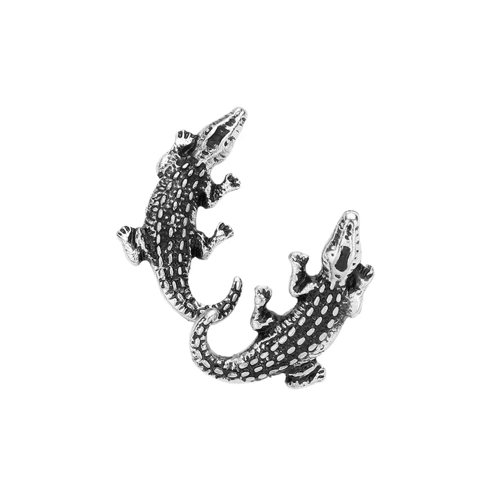 Silver Embossed Metal Crocodile/Alligator Stud Earrings - Jewelry Store by Erik Rayo