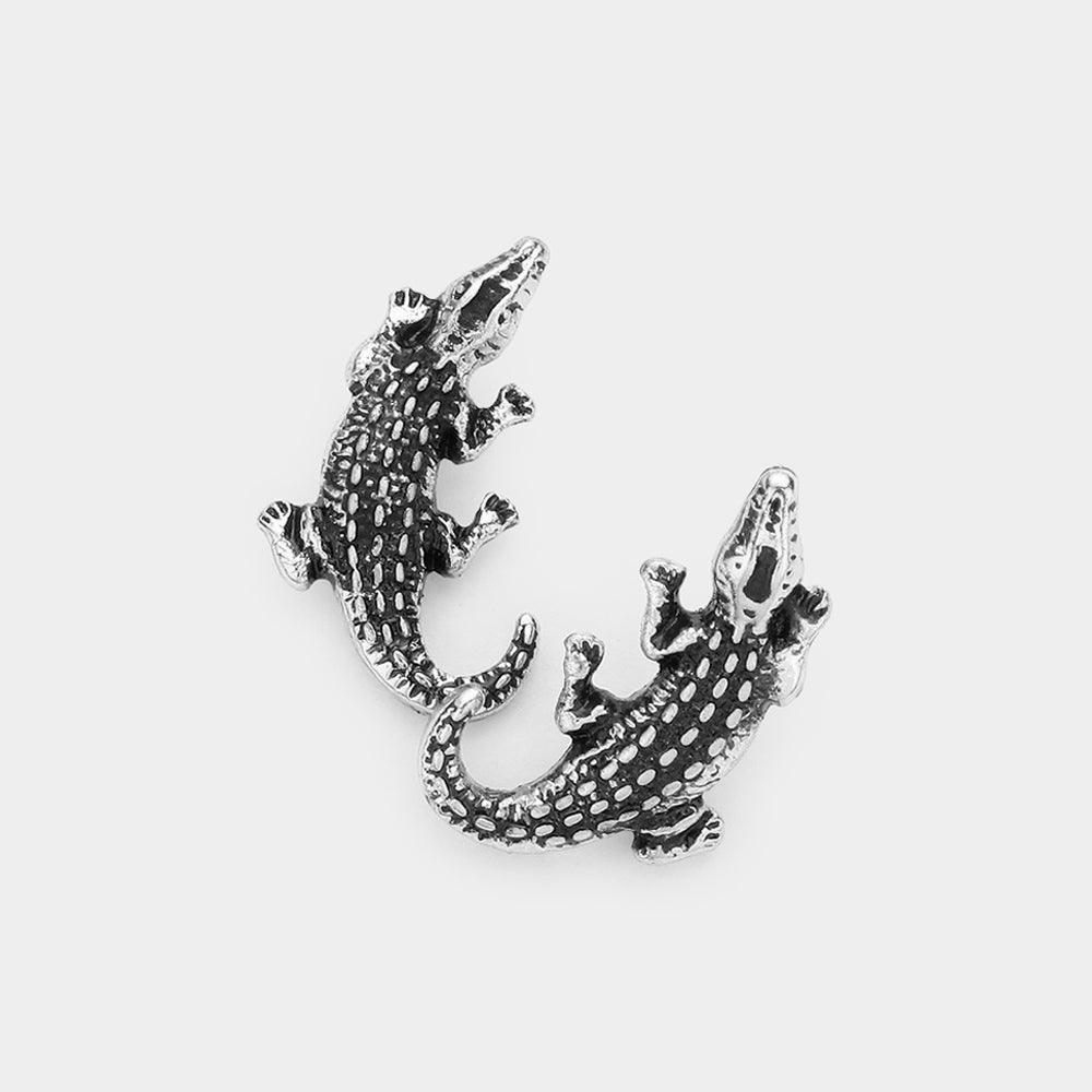 Silver Embossed Metal Crocodile/Alligator Stud Earrings - Jewelry Store by Erik Rayo
