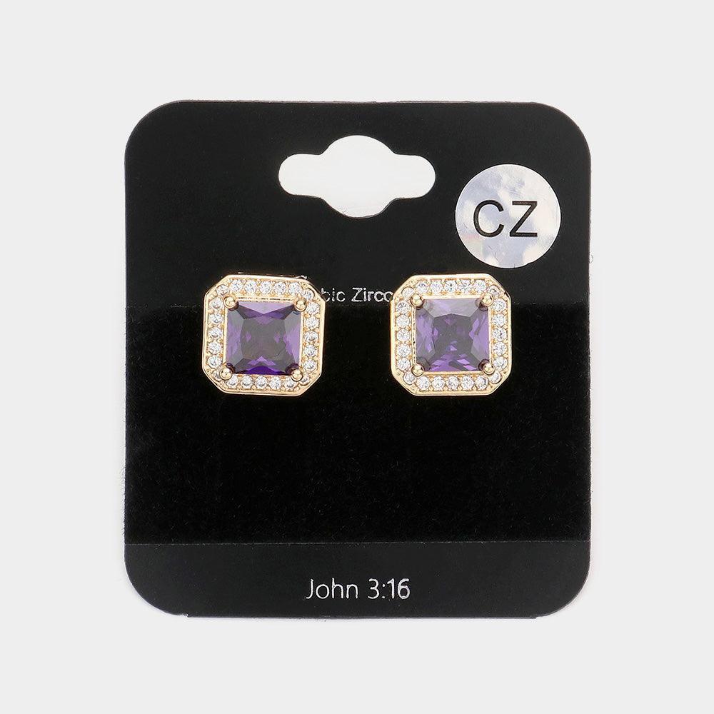 Amethyst CZ Square Accented Octagon Stud Evening Earrings - Jewelry Store by Erik Rayo