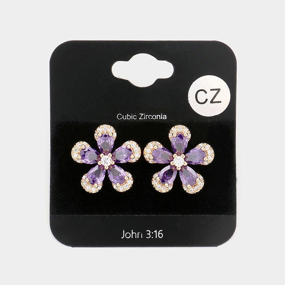 Amethyst CZ Teardrop Accented Flower Stud Evening Earrings - Jewelry Store by Erik Rayo