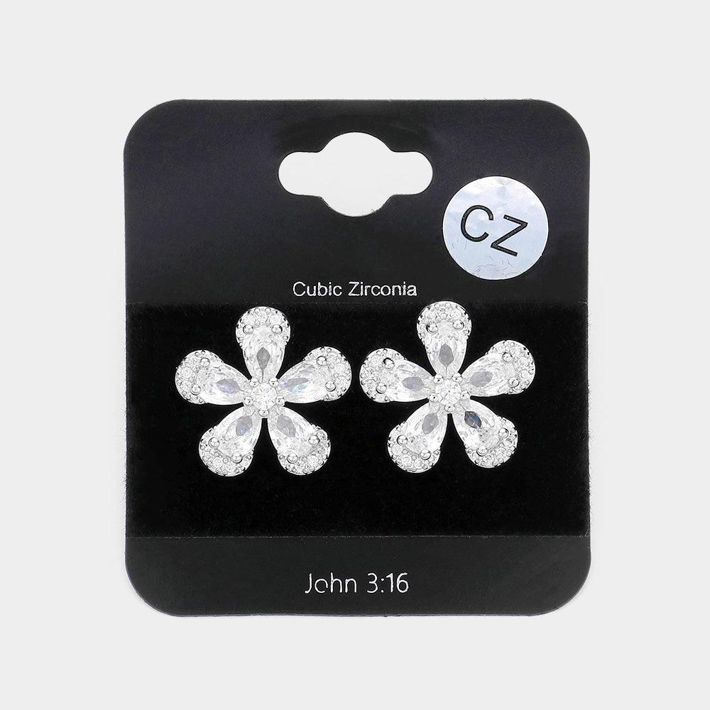 CZ Teardrop Accented Flower Stud Evening Earrings - Jewelry Store by Erik Rayo