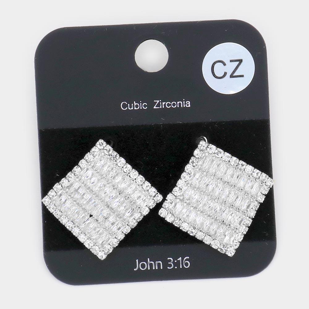Silver CZ Embellished Curved Square Stud Evening Earrings - Jewelry Store by Erik Rayo