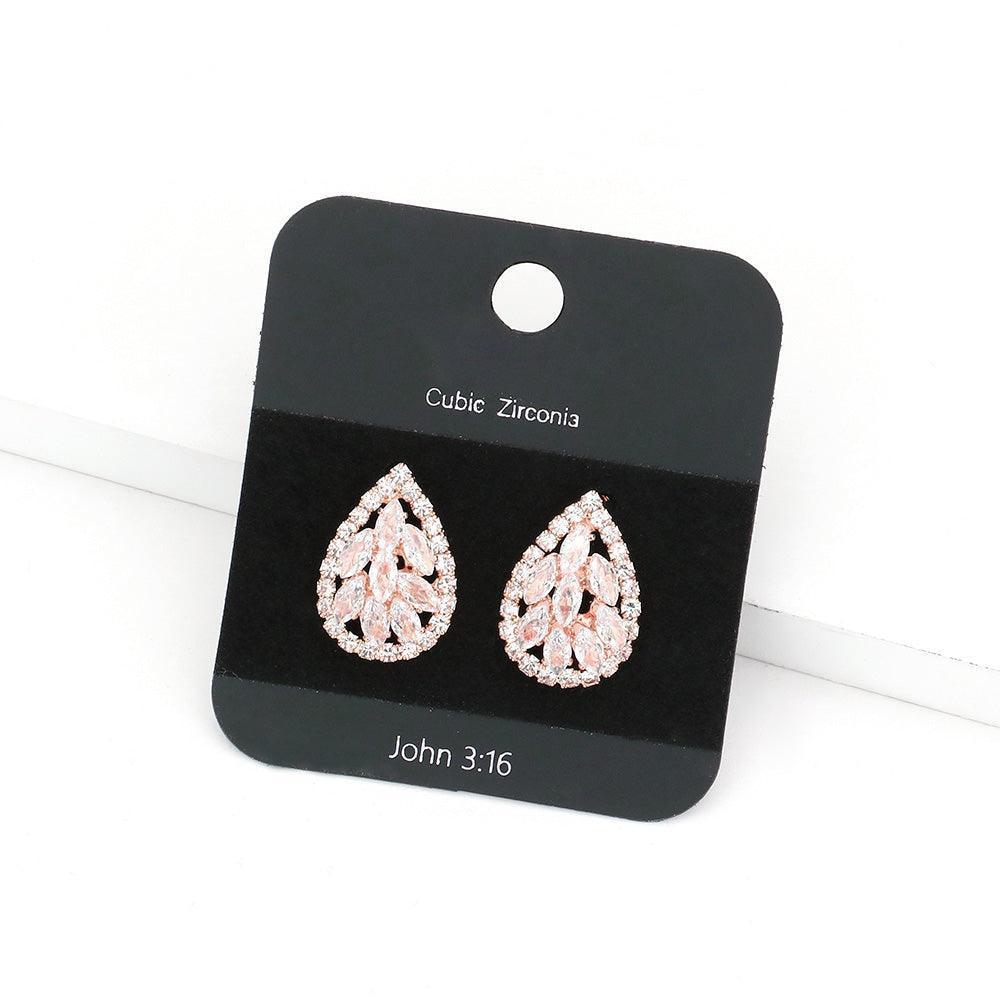 Rose Gold CZ Marquise Stone Embellished Teardrop Stud Earrings