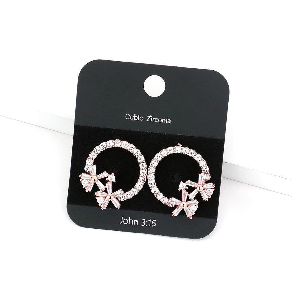 Rose Gold CZ Stone Pave Open Circle Flower Embellished Stud Earrings - Jewelry Store by Erik Rayo